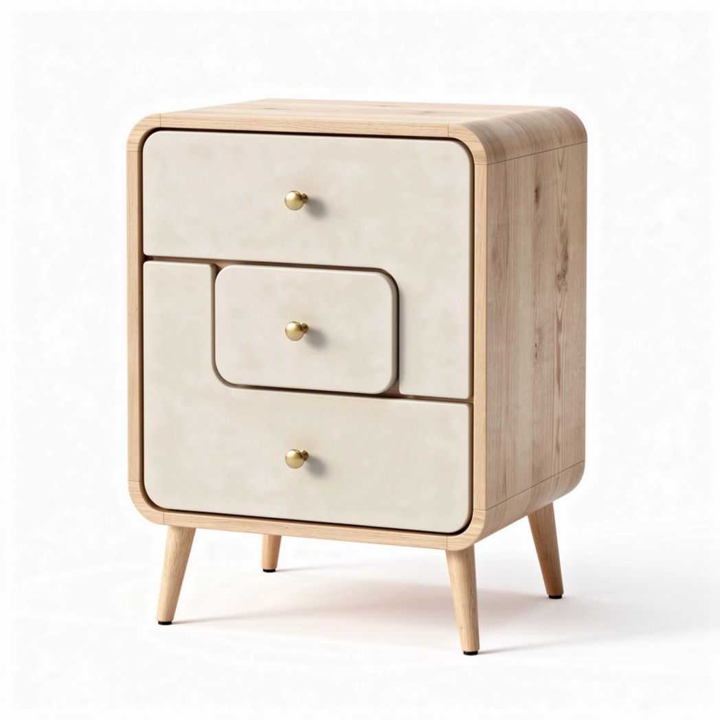 Comodino in legno con ante color crema e tre cassetti dimensioni 50 x 40 x 60cm