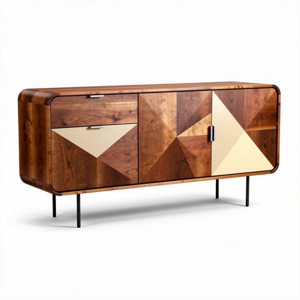 Mobiletto moderno in legno massello con finitura geometrica 150 x 45 x 75cm