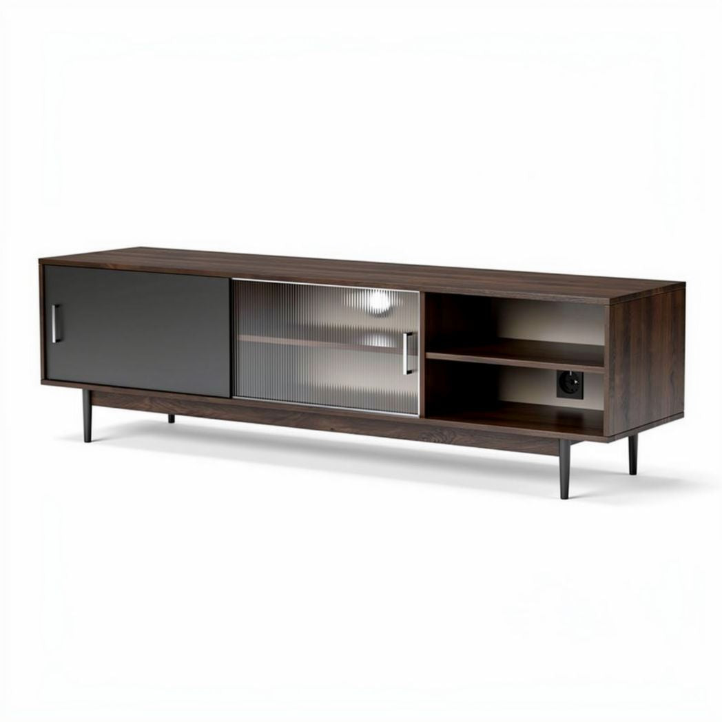 Mobiletto porta tv in legno 150 x 40 x 50 cm con ante scorrevoli e ripiani open in colore scuro